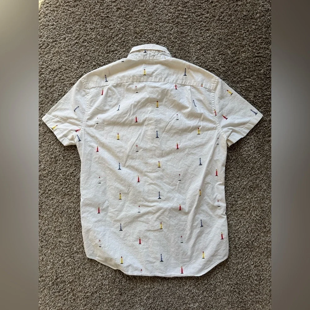 J. Crew Men's Short Sleeve Button Down White Shirt Lighthouses